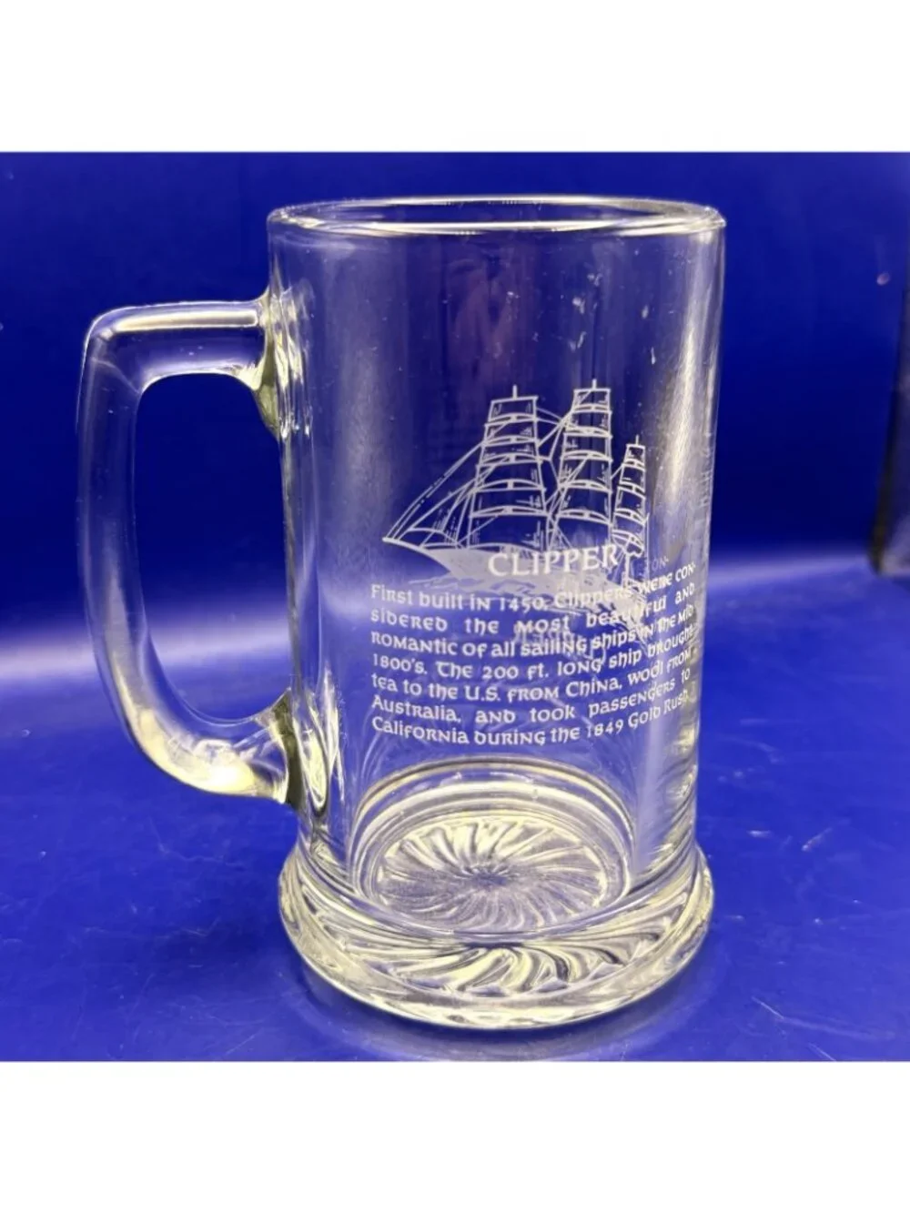 Vintage Clipper Sailing Ship Glass Beer Stein Tankard Mug Nautical History 5.5